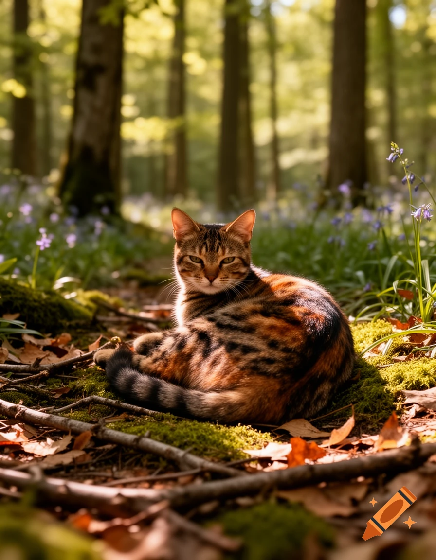 A striped tabby cat with warm fur tones rests on a mossy forest floor amidst fallen leaves and purple flowers, with sunlight dappling through the trees.