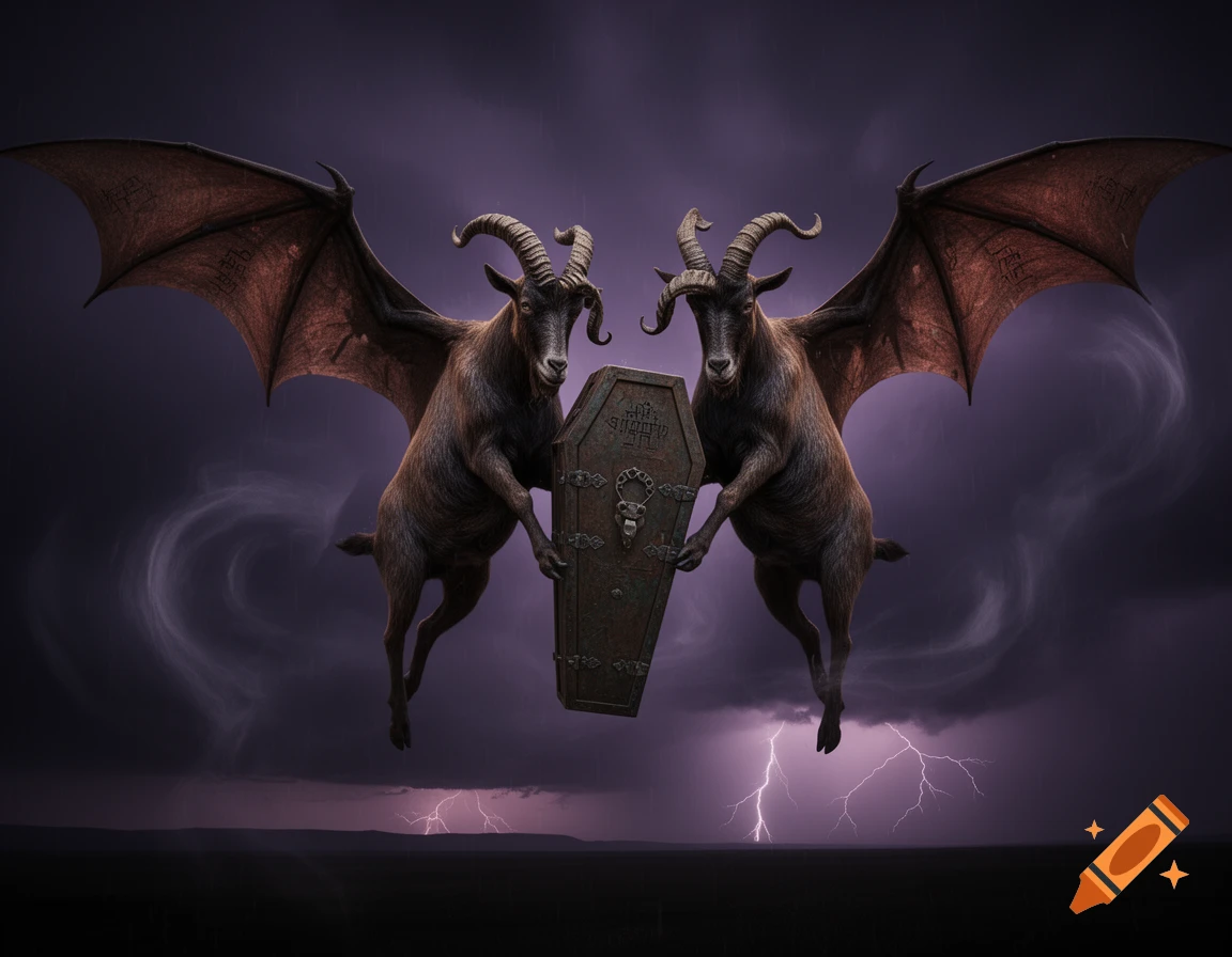 Two horned, winged demon goats fly through a stormy, lightning-filled sky, carrying a detailed coffin with intricate carvings.