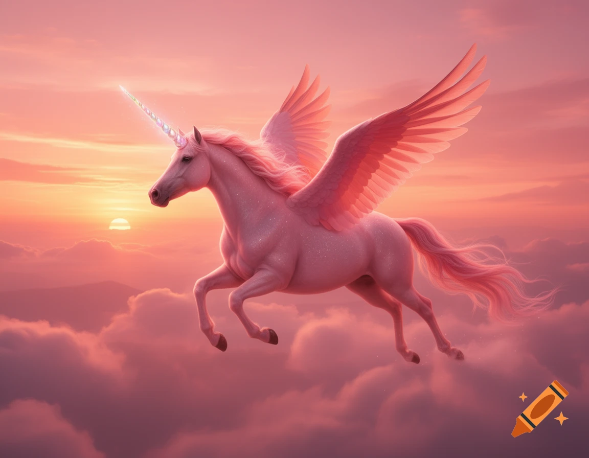 A majestic pink unicorn with large pink wings flies gracefully through a vibrant pink and orange sunset sky filled with clouds.