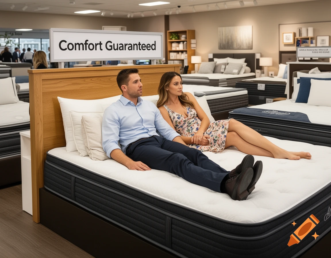 A man and woman lie on a mattress in a photorealistic mattress store, with a 'Comfort Guaranteed' sign above.