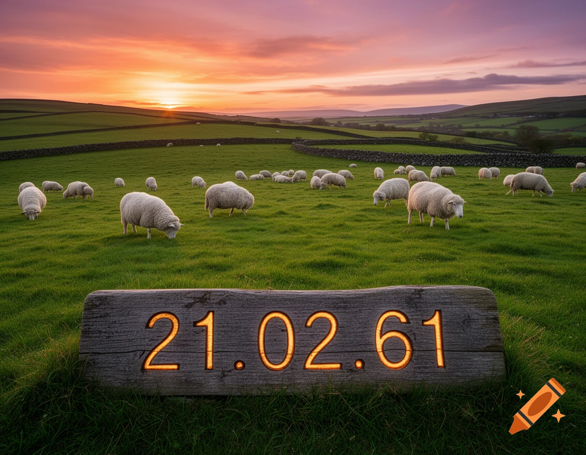 A flock of sheep graze in a vibrant green field with rolling hills under a colorful sunset. A wooden sign in the foreground displays the date "21.02.61" with glowing numbers.