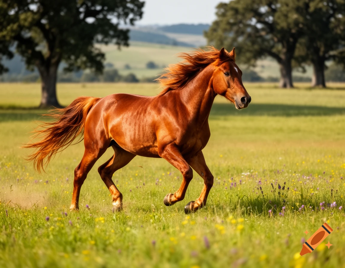 A brown horse with a flowing mane gallops through a sunny green field dotted with wildflowers, with trees in the background.