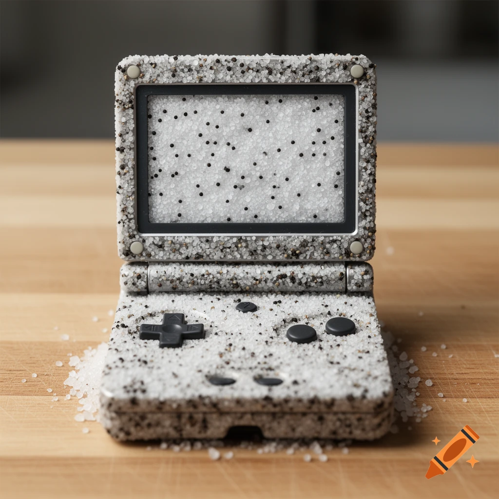 A Gameboy SP console, meticulously crafted from white salt and black pepper granules, sits on a wooden surface.