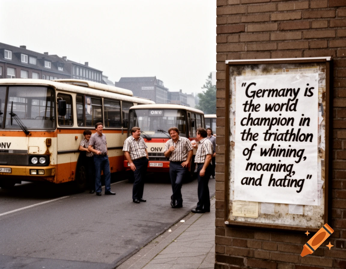 A grainy 1984 photo of men standing near weathered cream-and-orange ONV buses on a street, with a sign on a brick wall reading, "Germany is the world champion in the triathlon of whining, moaning, and hating."