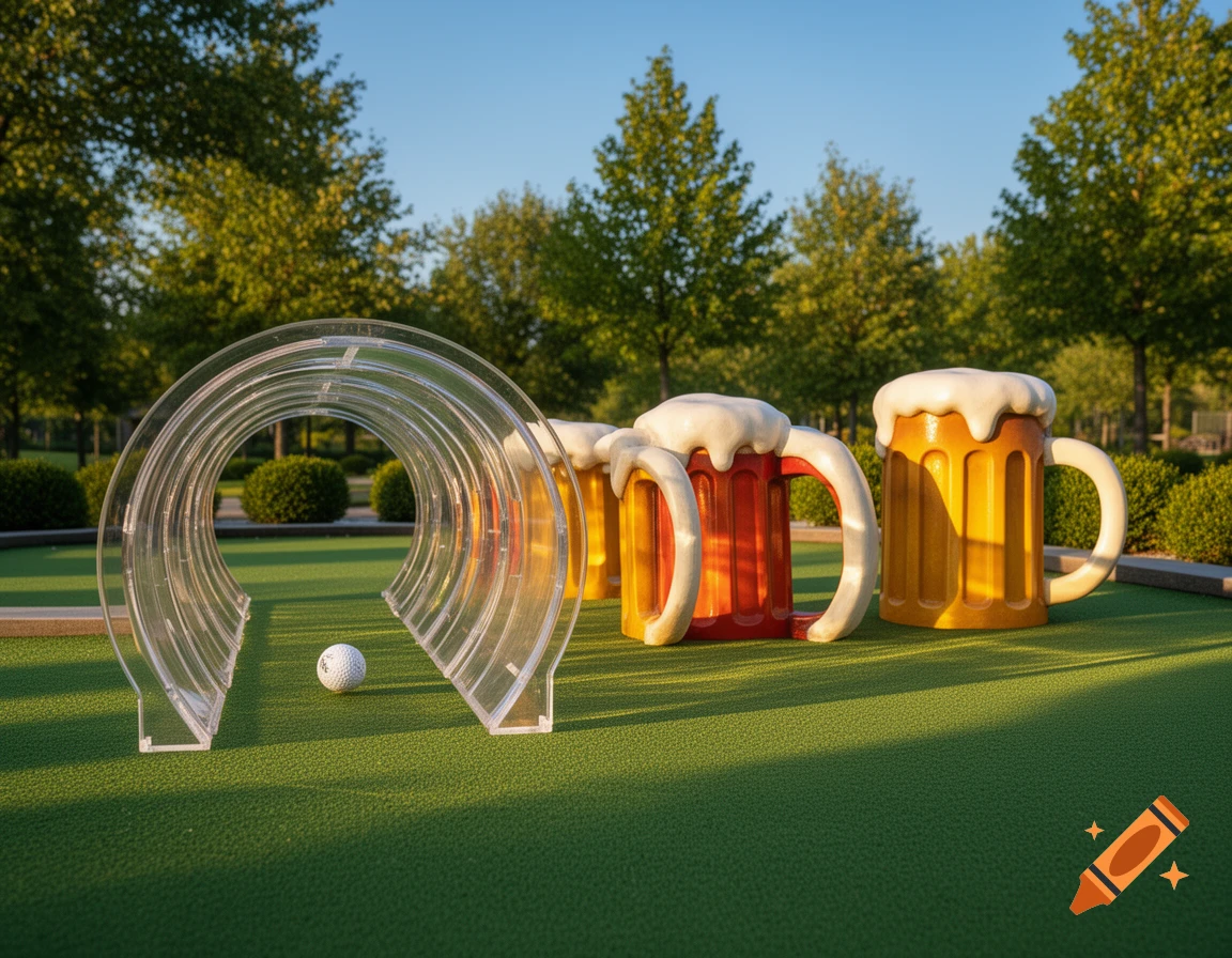 A minigolf course features a white golf ball at the entrance of a transparent tunnel, with large red and yellow beer mug obstacles in the background under a blue sky.