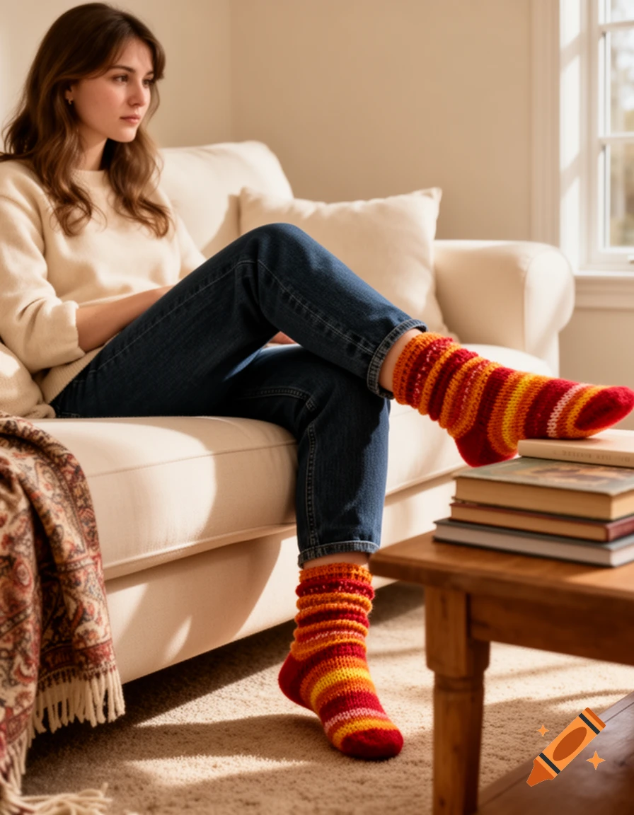 A young woman in jeans, a cream sweater, and colorful striped knit socks sits on a couch in a sunlit room, with books on a nearby table.