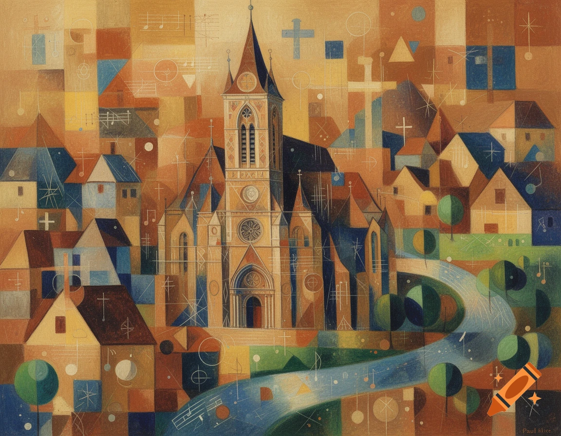 An expressionist painting in the style of Paul Klee, depicting a colorful abstract townscape with a central church tower, geometric houses, a winding river, and scattered musical notes.