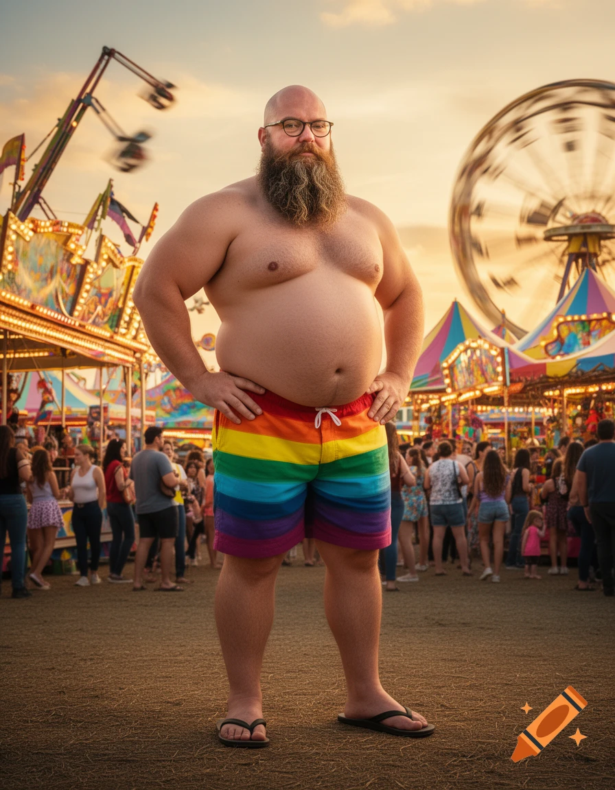 A bald, bearded, shirtless man in rainbow shorts and flip-flops stands with hands on hips at a bustling fairground at sunset.