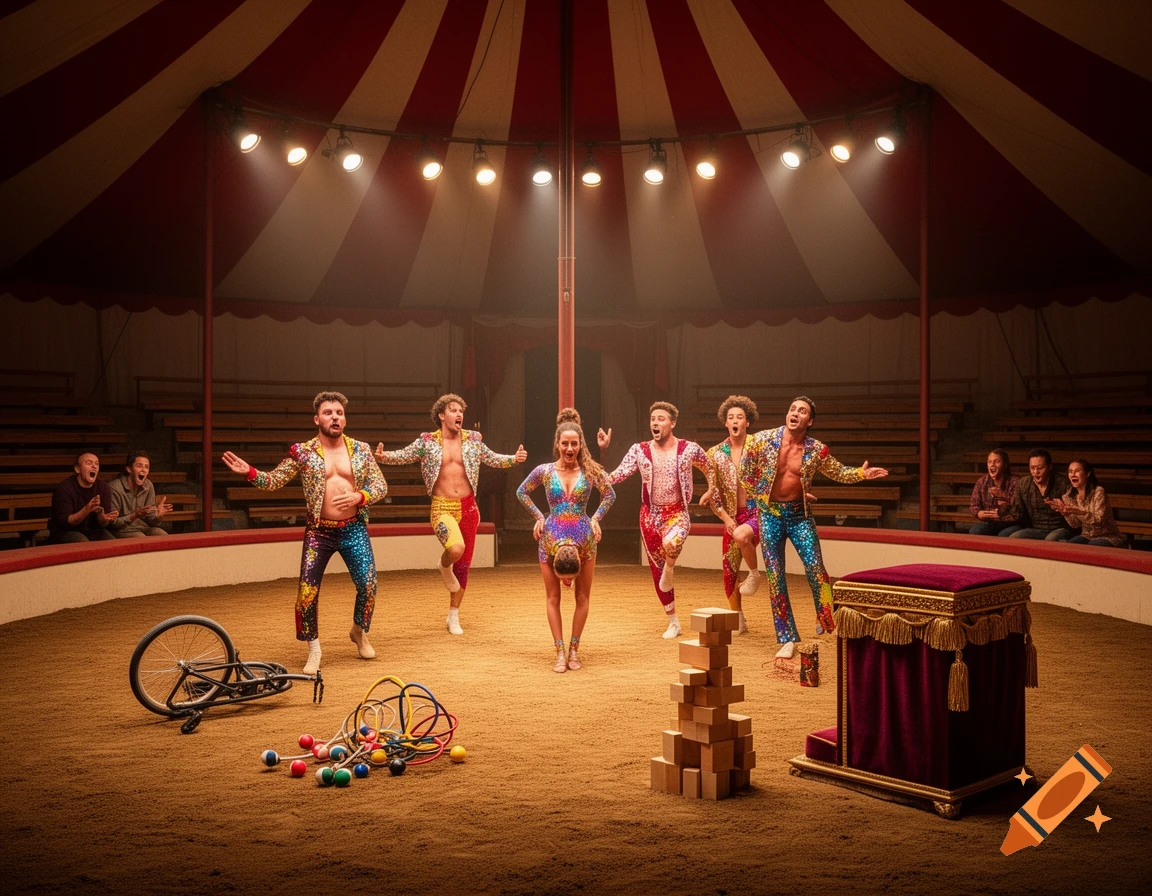 Circus performers in vibrant costumes on a dirt ring within a red and white striped big top tent. Juggling props, a bicycle, and a velvet box are on the ground, with audience members in the background.