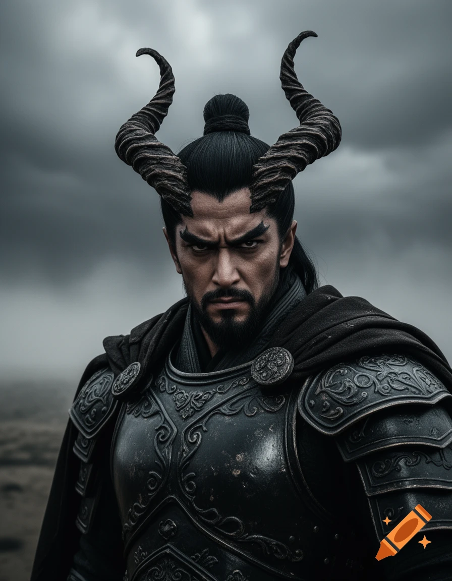 A stern man with dark, twisted horns and a topknot wears ornate black armor and a cape against a stormy sky.