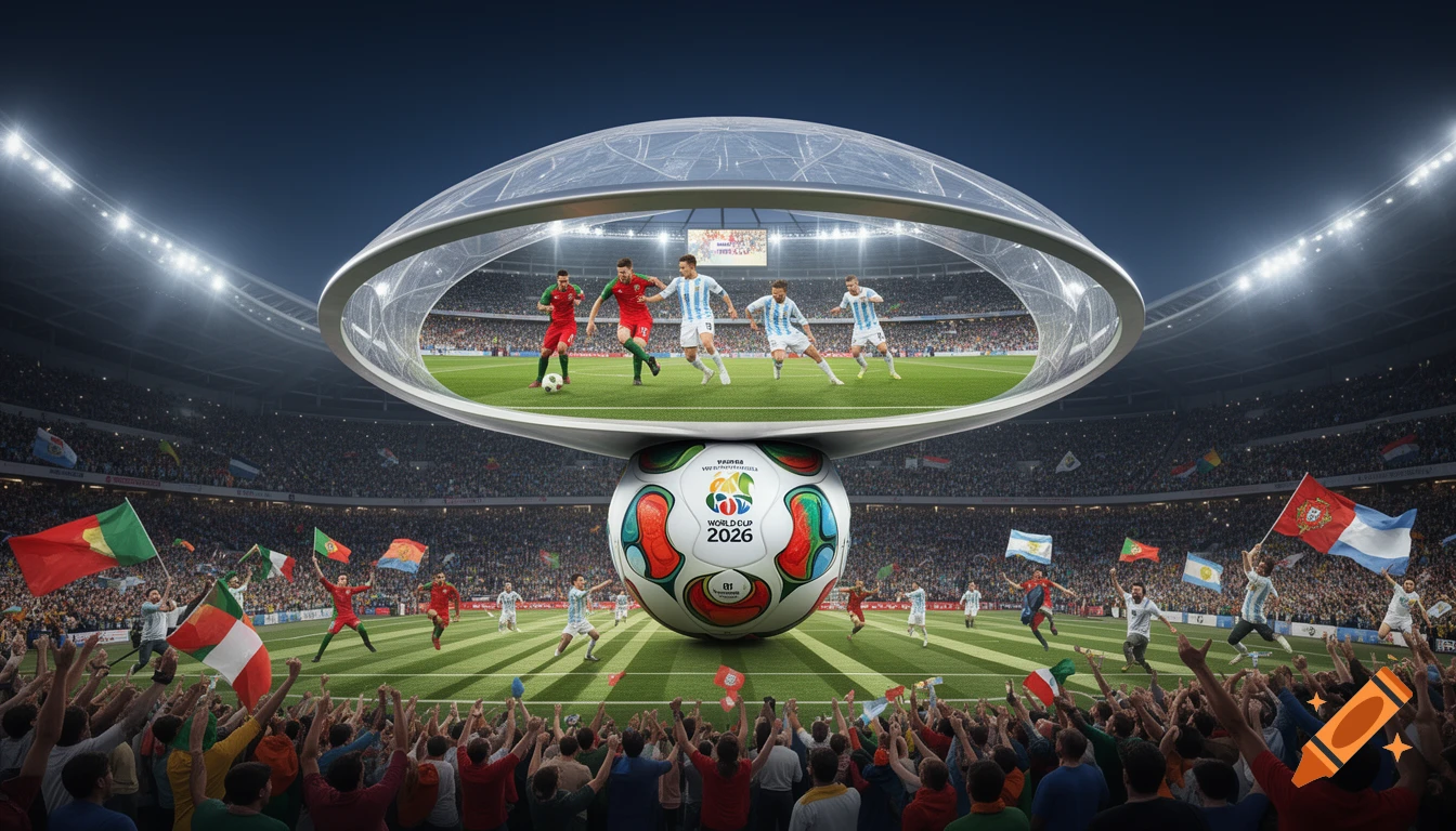A giant World Cup football with a transparent dome on top showing a match between Portugal and Argentina, surrounded by a cheering crowd in a stadium.