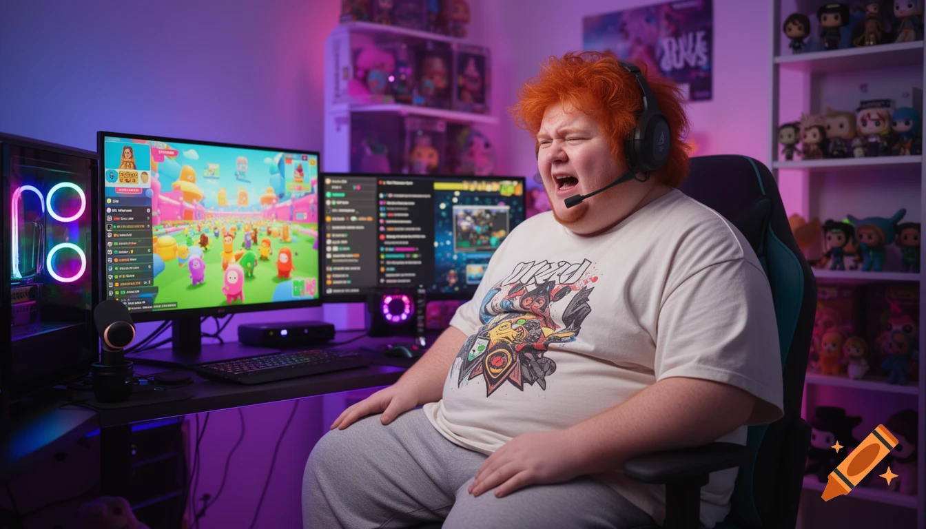 An overweight ginger man with a headset, sitting in a gaming chair and yelling, plays Fall Guys on dual monitors in a neon-lit room.