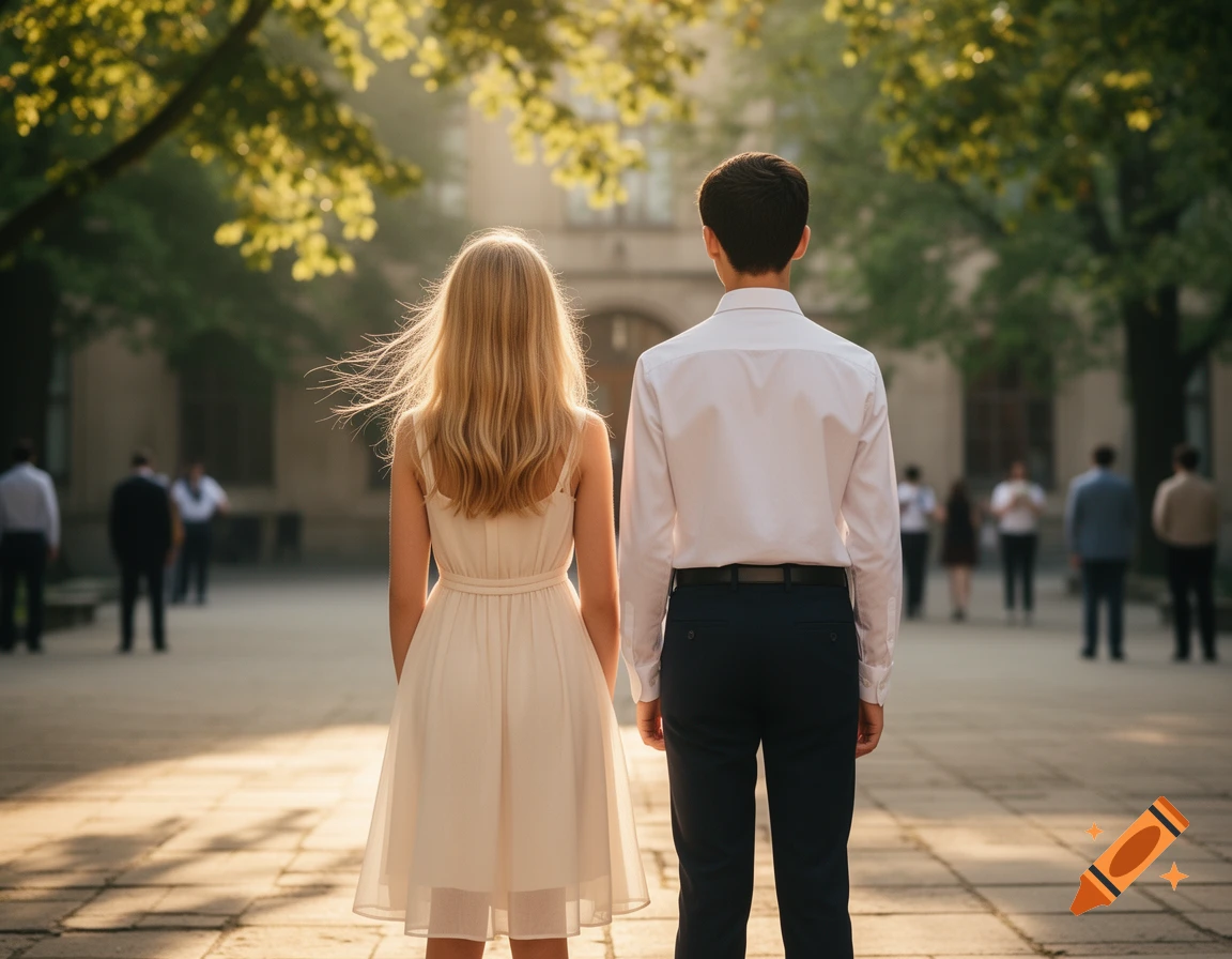 A blonde girl in a white dress and a boy in a white shirt and dark pants stand with their backs to the viewer in a sunny outdoor plaza.