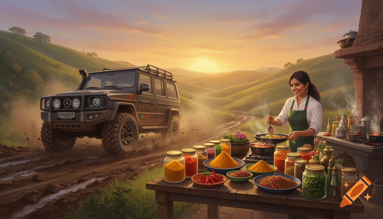 Vibrant digital art shows a woman cooking outdoors with spices, next to a 4x4 off-road vehicle driving through muddy hills at sunset.