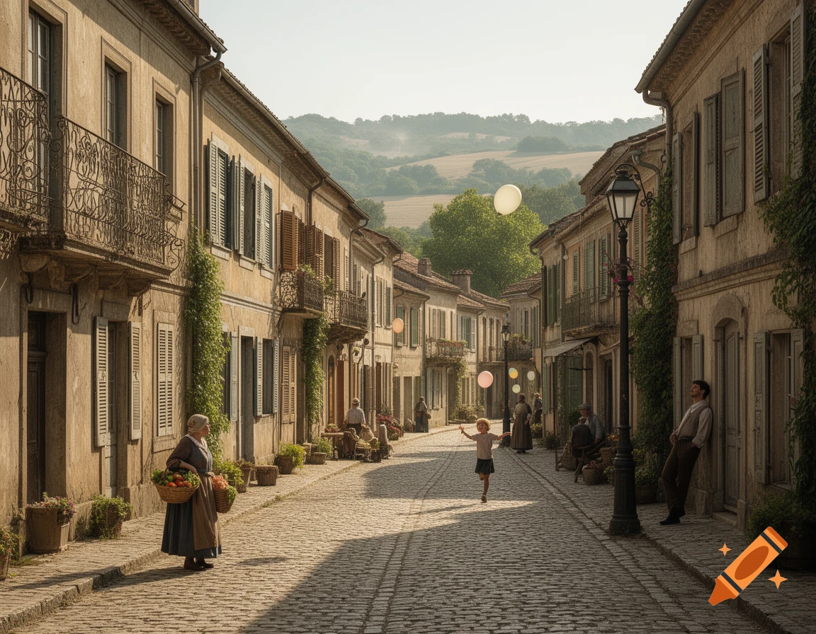 Photorealistic image of a bustling cobblestone street in a historic European town, with old buildings, an old woman with baskets, and a child with balloons under a sunny sky.