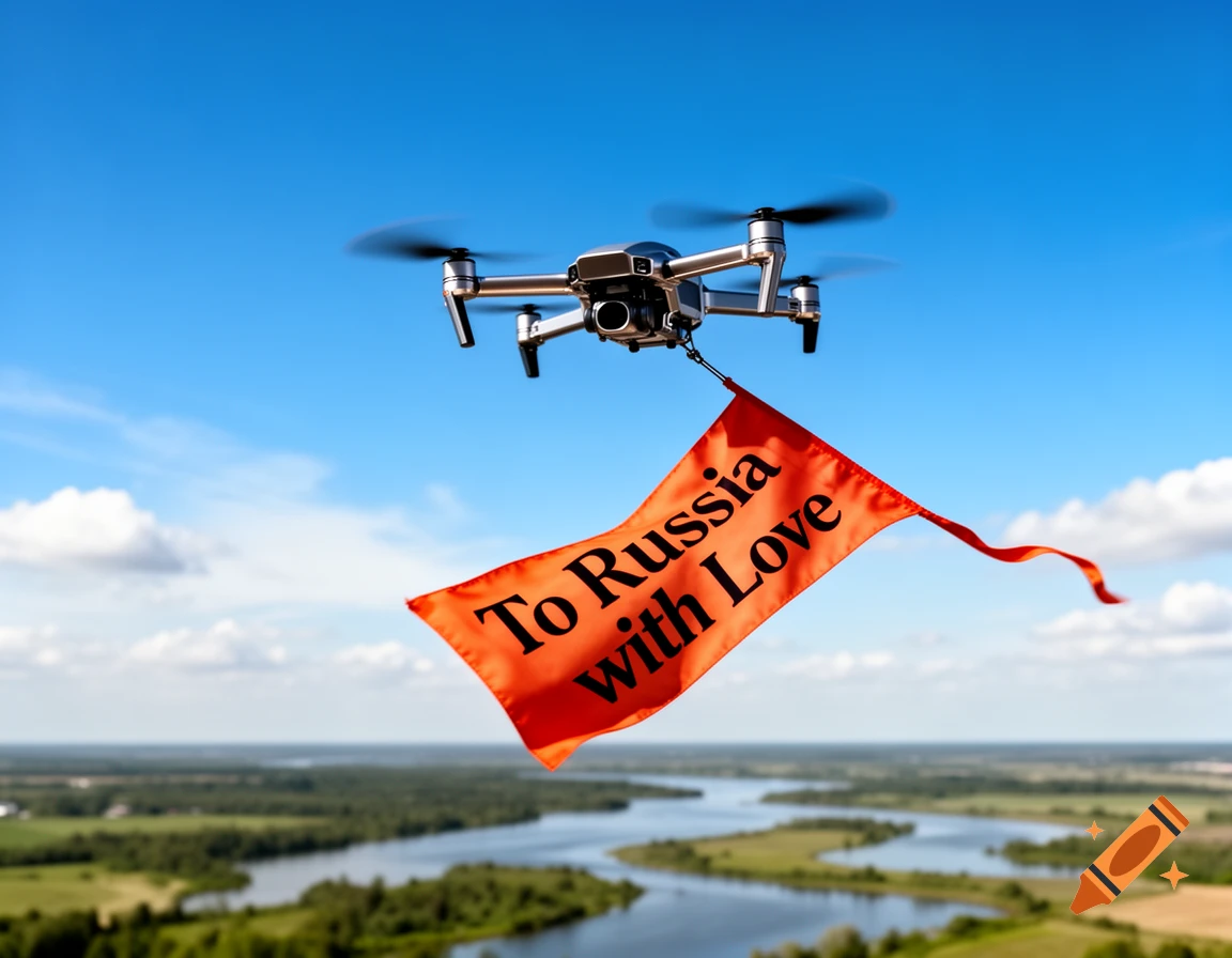 A drone flies across a blue sky above a winding river and green landscape, pulling an orange banner that reads "To Russia with Love".