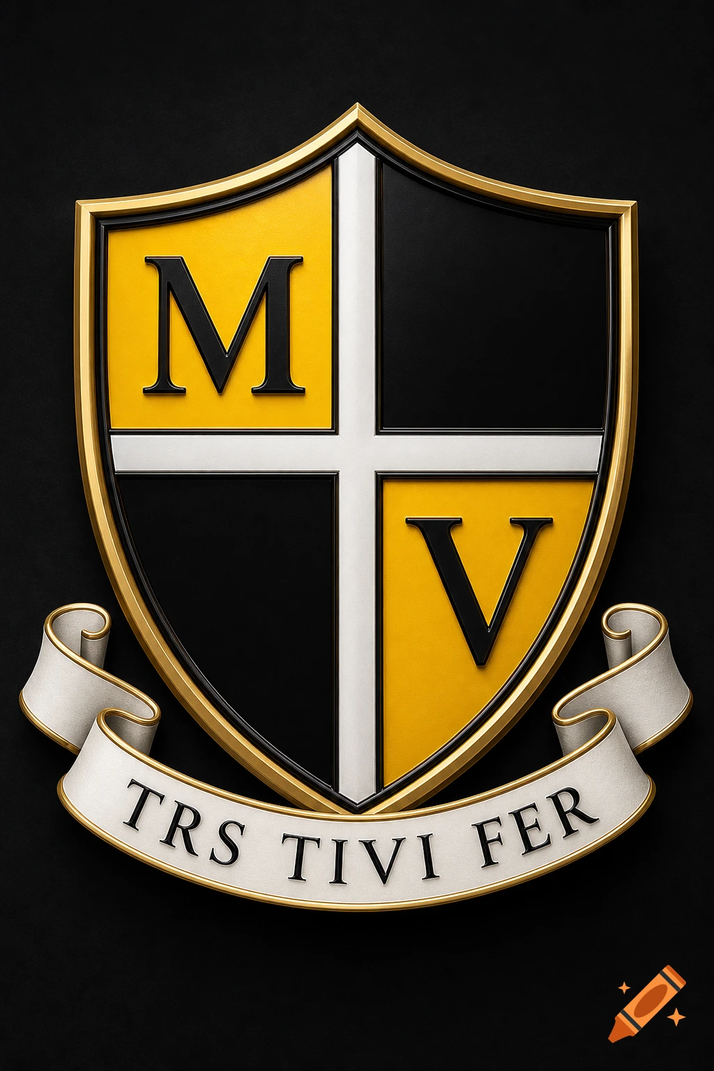 A detailed gold, black, and white shield logo with a cross, letters M and V, and a banner reading 'TRS TIVI FER'.