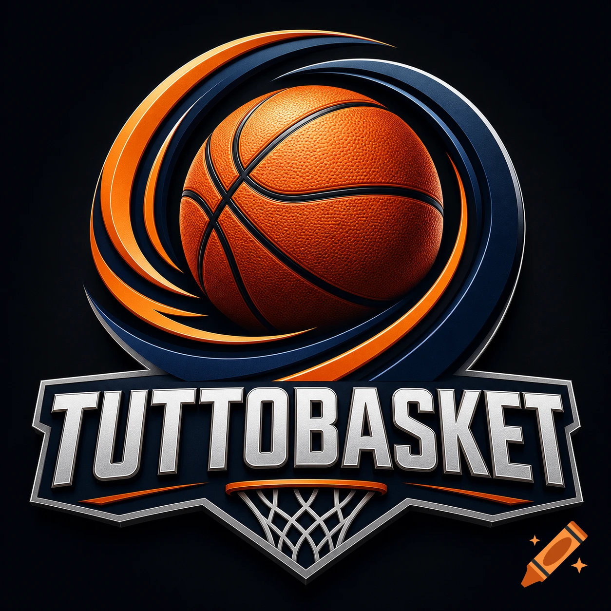 A basketball logo featuring an orange ball, surrounded by blue and orange swooshes, above the stylized word TUTTOBASKET and a basketball net.