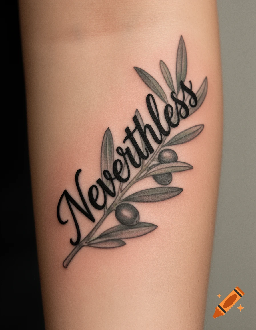 Photorealistic tattoo on an arm features the word "Nevertheless" in script font alongside a grey-toned olive branch with olives.