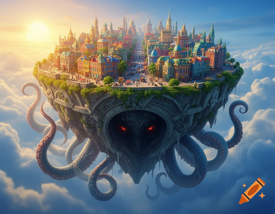 A vibrant city with colorful buildings on a floating island in the sky, with monstrous tentacles and glowing red eyes at its base, set against a sunset.