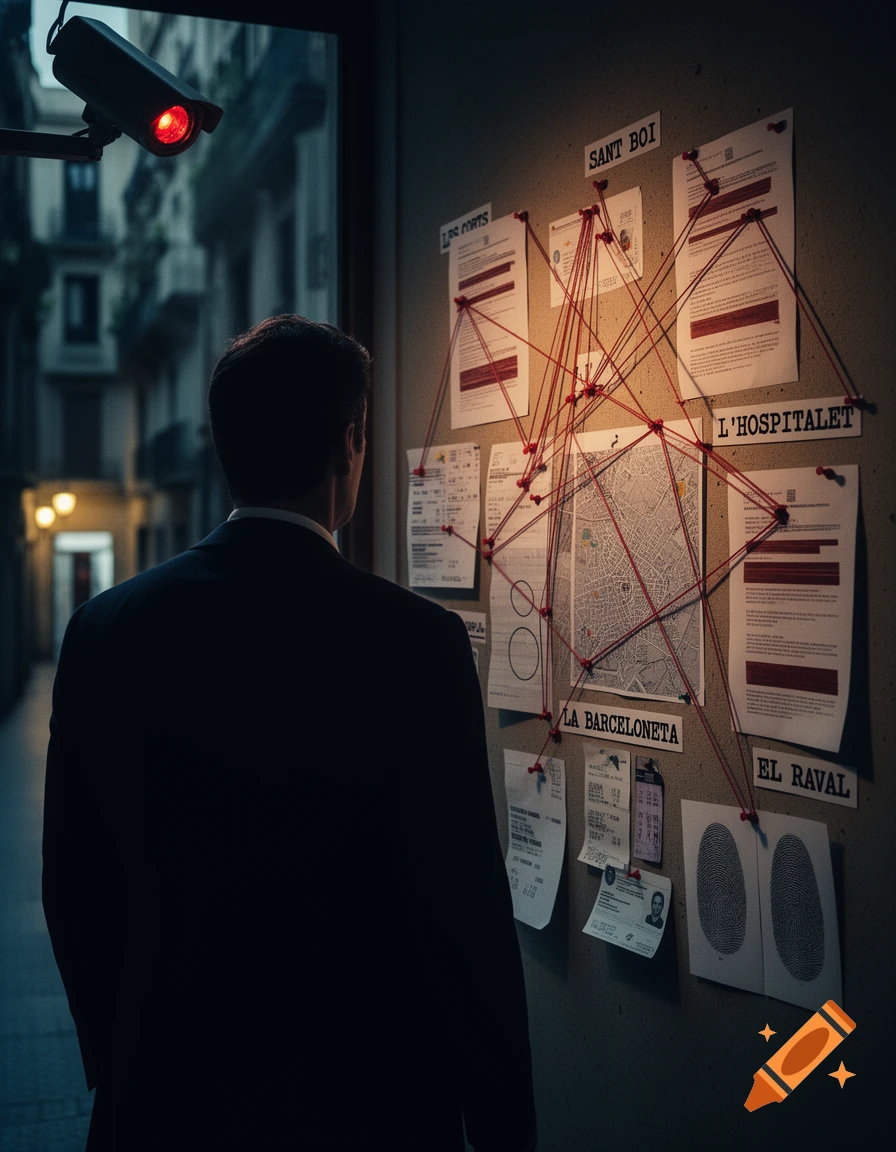 A man in a suit from behind looks at a corkboard filled with documents, a map, and fingerprints, connected by red strings, under a CCTV camera.