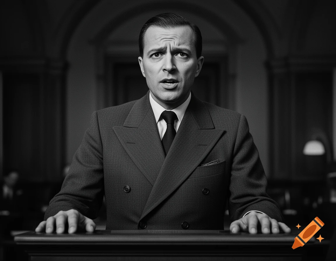 A concerned man in a double-breasted suit speaks at a podium in a formal, black and white vintage photo style.
