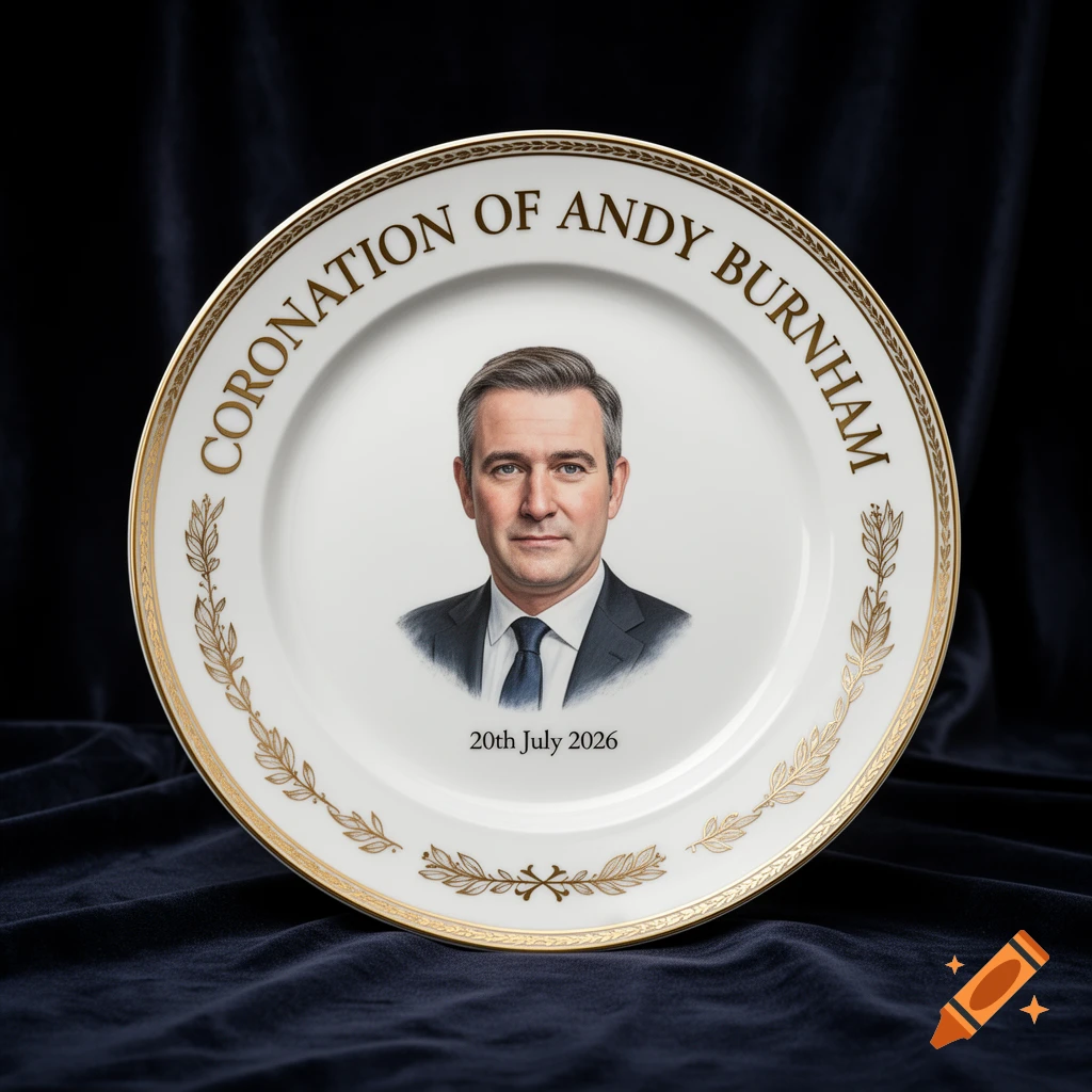 A photorealistic commemorative plate with a gold rim, featuring a portrait of Andy Burnham and text 'CORONATION OF ANDY BURNHAM' around the edge and '20th July 2026' below.