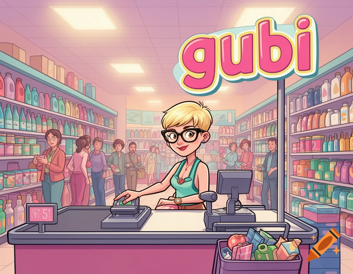 A cartoon image of a short-haired blond woman with glasses working at a 'gubi' supermarket checkout.