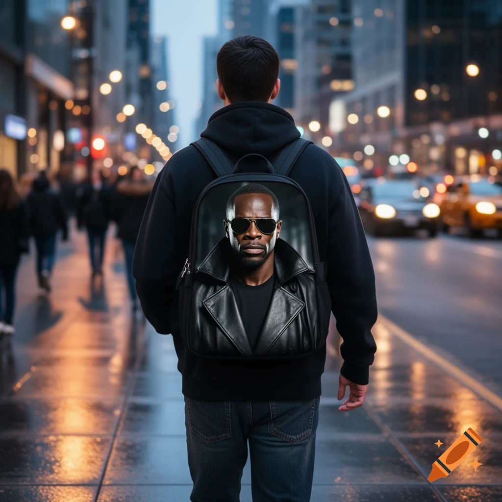 A person in a black hoodie and jeans walks away on a wet city street at dusk, wearing a backpack featuring Wesley Snipes as Blade.