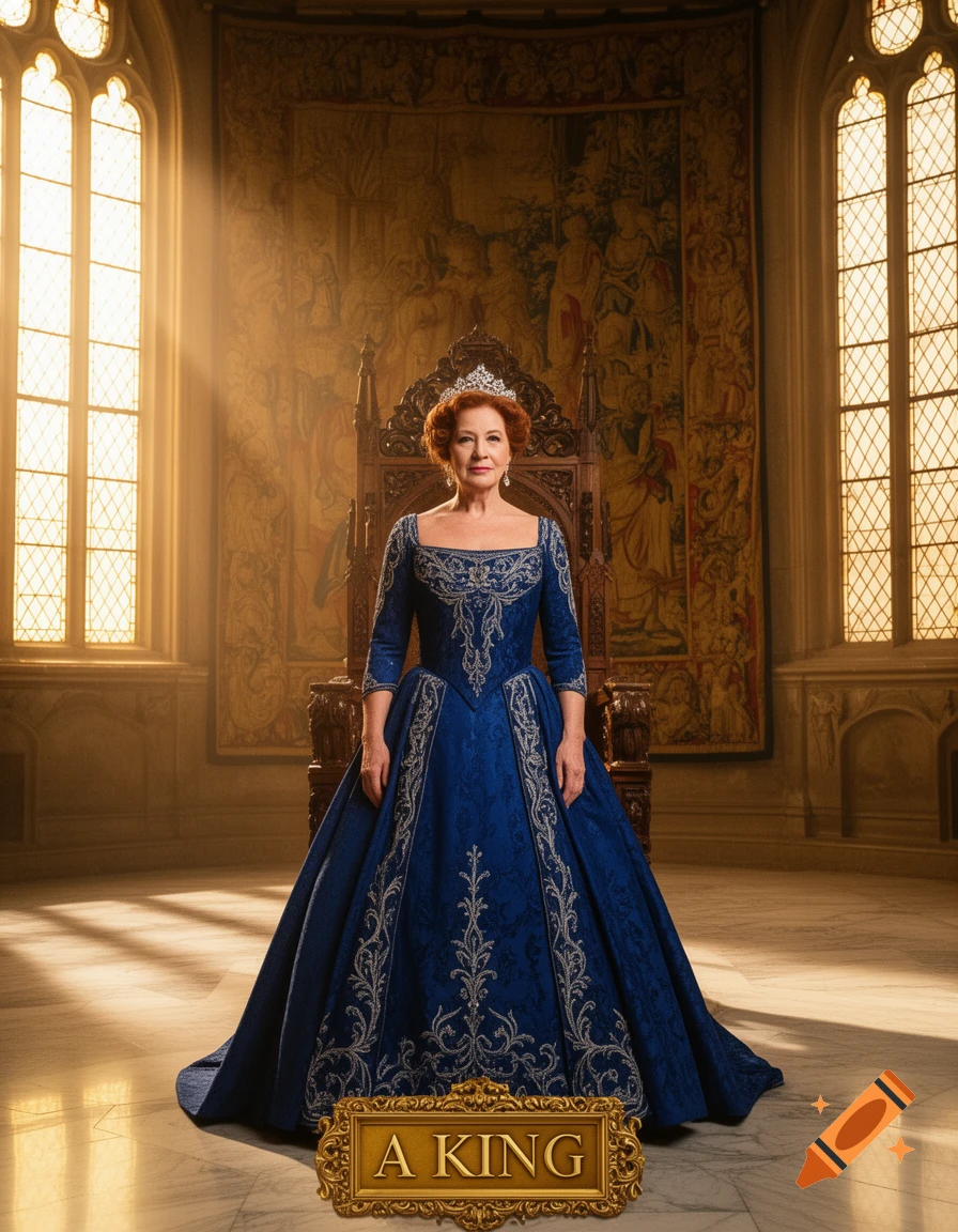 A regal woman in a blue gown and crown stands before a throne in a grand hall, with a sign reading 'A KING' on the floor.