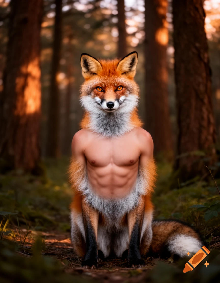 A photorealistic image of an anthropomorphic fox with a muscular, shirtless human torso, sitting in a sunlit forest.
