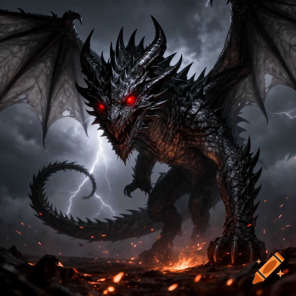 A menacing dark dragon with glowing red eyes, sharp claws, and large wings stands on a volcanic landscape under a stormy sky with lightning.