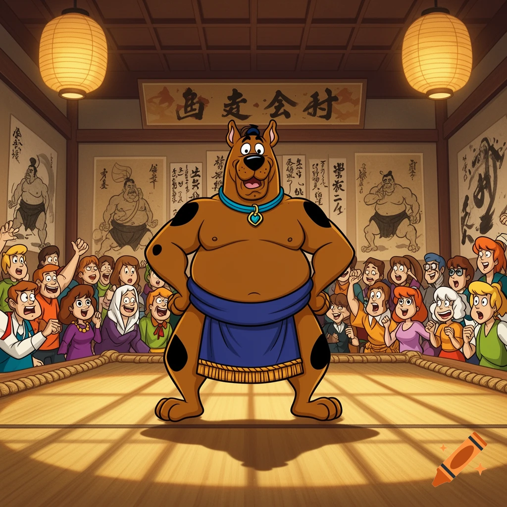 Scooby-Doo as a sumo wrestler in a dojo, hands on hips, surrounded by an excited crowd of cartoon characters.