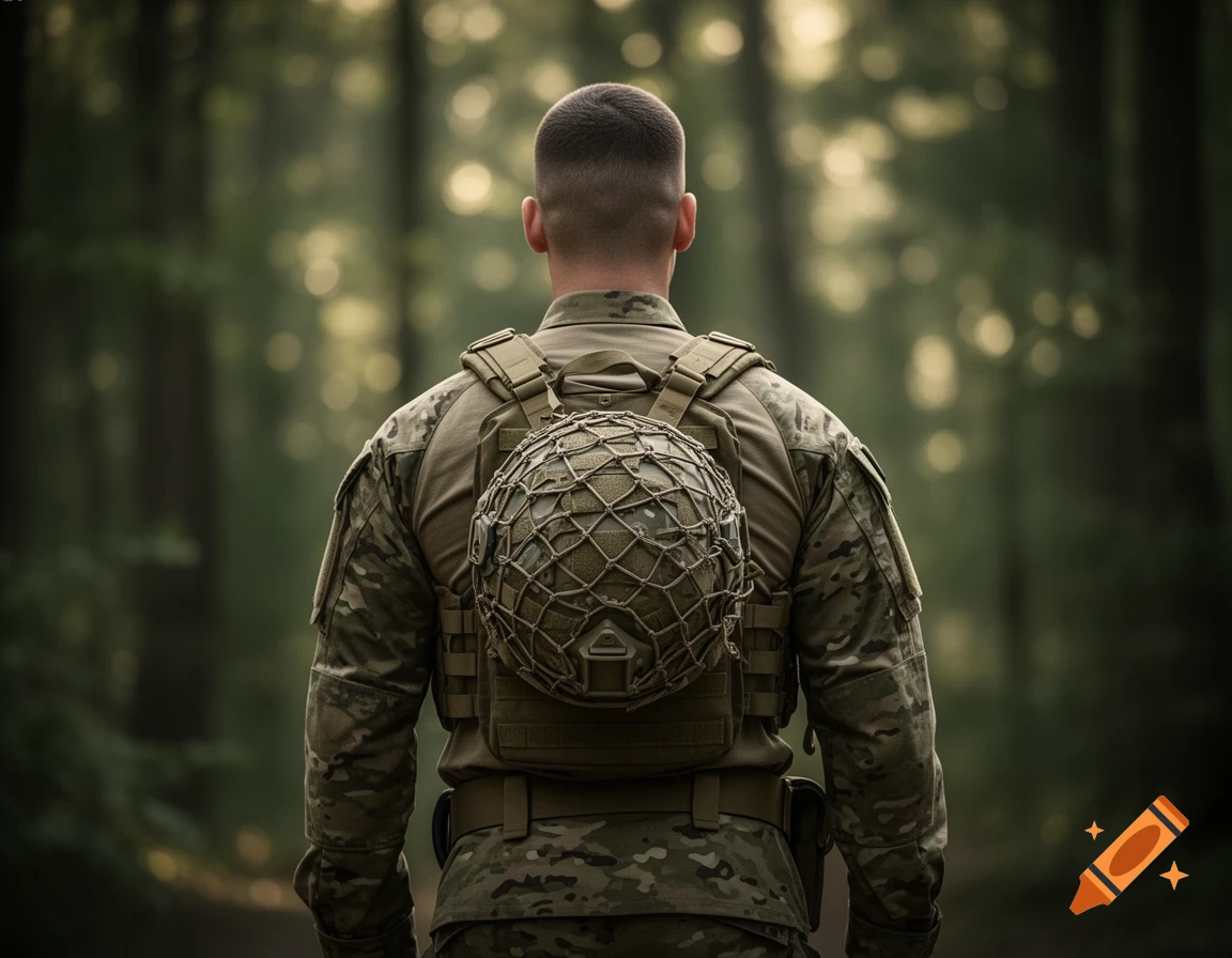 A soldier in camouflage uniform, seen from behind, walks through a forest with a helmet attached to their backpack.