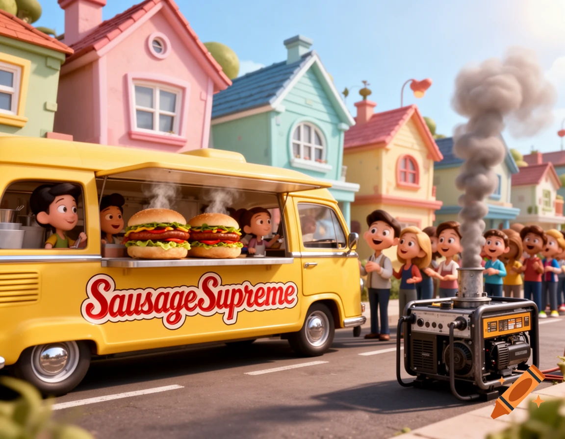 A yellow 'Sausage Supreme' food truck sells steaming sausage sandwiches to a line of people in a cartoon neighborhood.