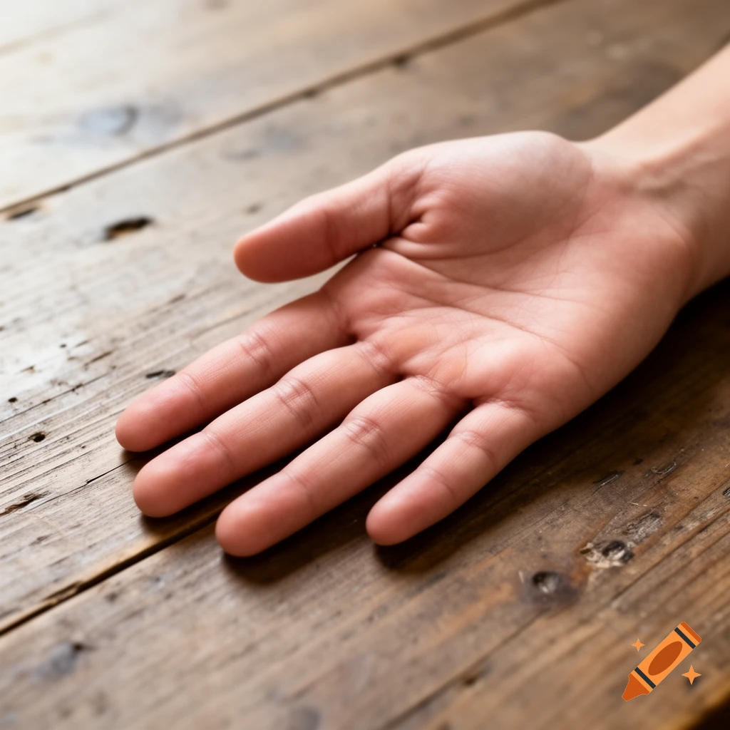 A close-up shot of a human hand resting flat on a rustic wooden table.