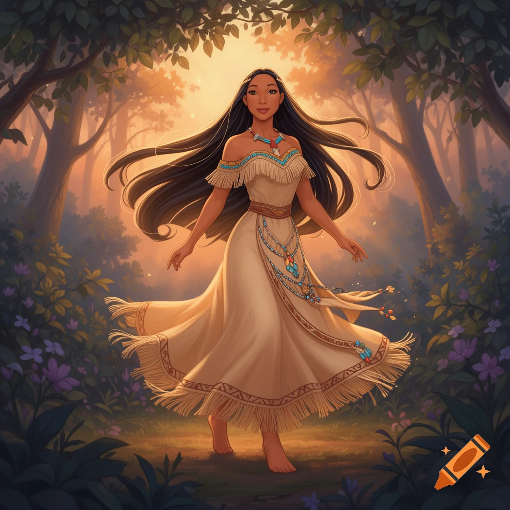 Illustrated Pocahontas in a flowing fringed dress with turquoise beads, walking barefoot in a sunlit forest.
