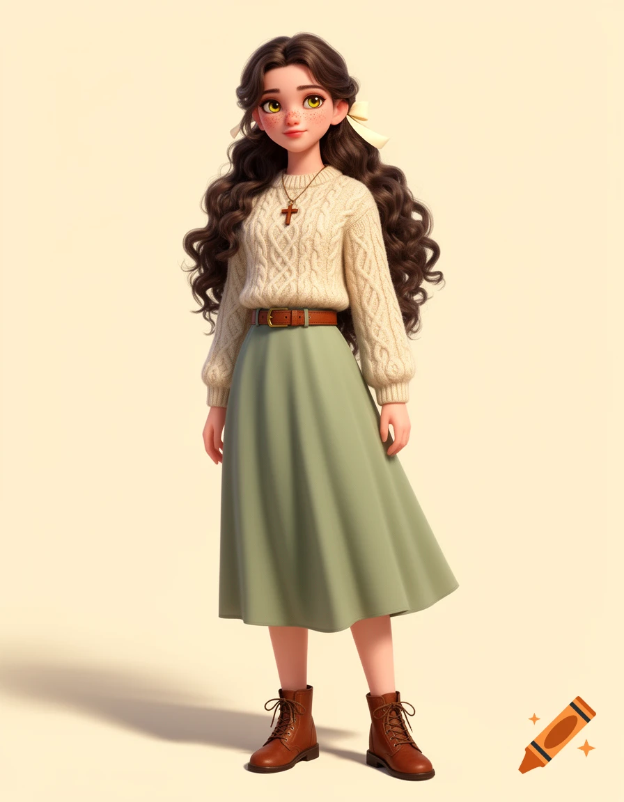 Full-body animated film style concept art of a young woman with long curly brown hair, cream sweater, green skirt, and brown boots.
