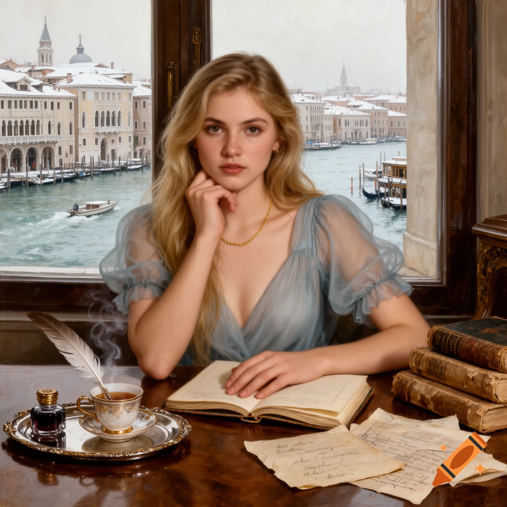 Oil painting of a blonde woman in a sheer blue top, writing at a desk with an inkwell, overlooking snowy Venice canals.