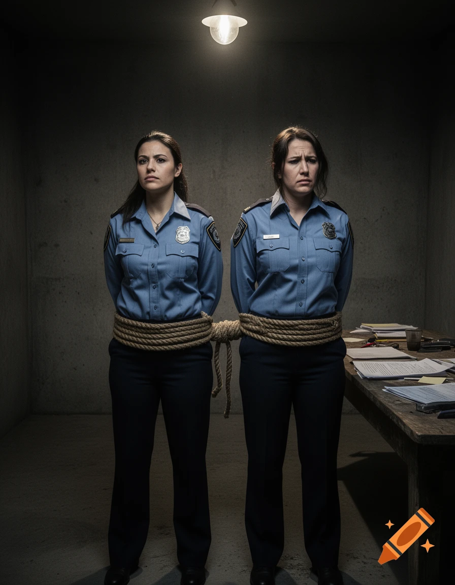Two women in police uniforms, bound at the waist with rope, stand in a dimly lit concrete room under a single light bulb, looking distressed.