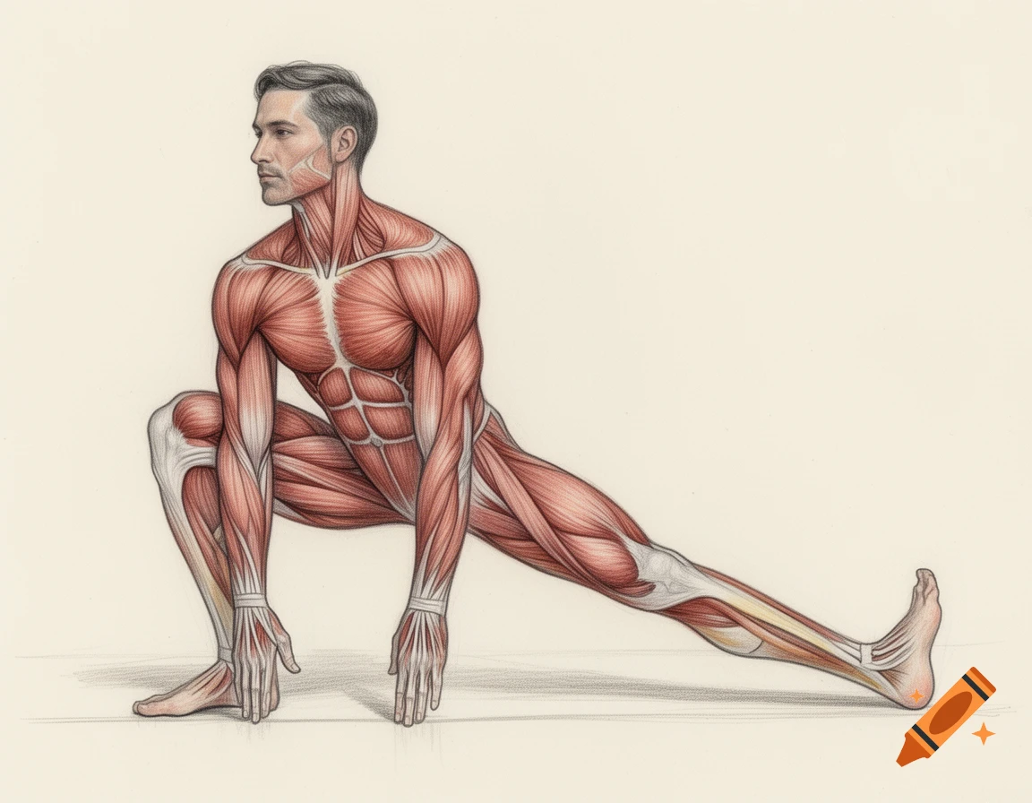 An anatomical sketch of a man in a deep lunge yoga pose, with muscles clearly visible.