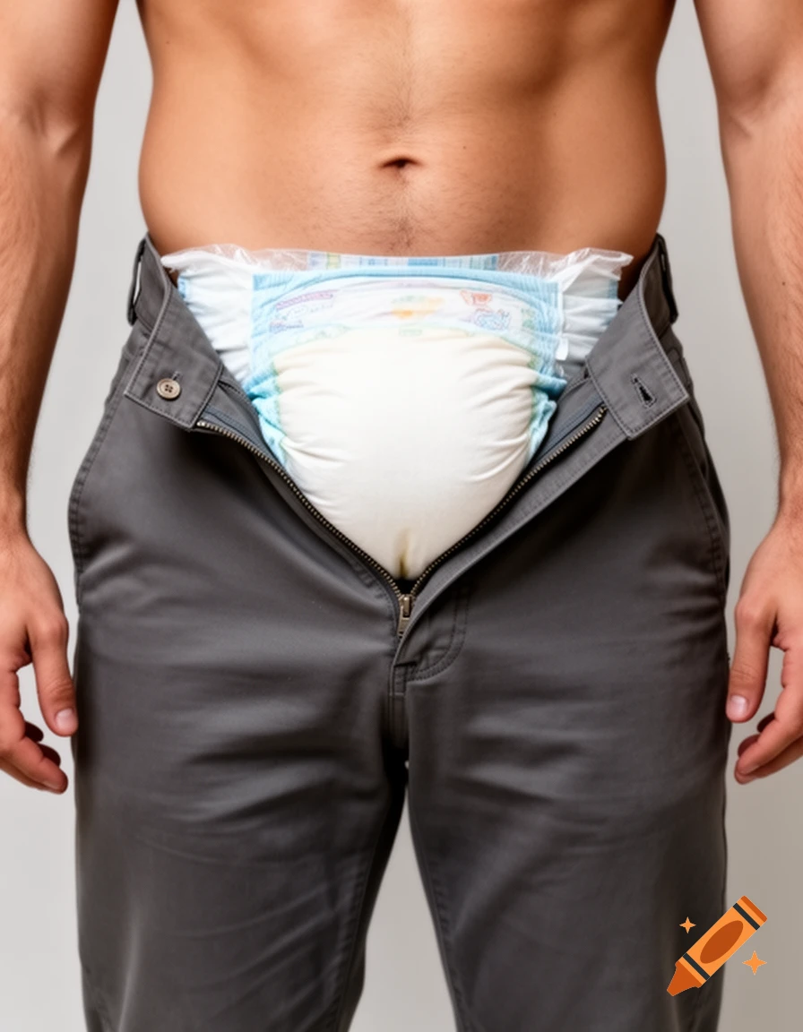 Close-up of a man with unzipped grey pants revealing a full, thick adult diaper.