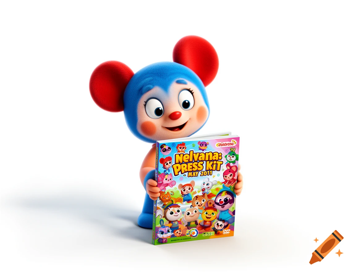 Bello from Jelly Jamm, a blue cartoon character with red ears, holds a colorful 'Nelvana: Press Kit - May 2011' DVD cover on a white background.