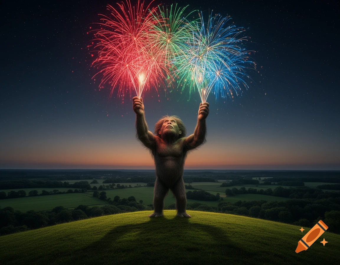 A hairy ape-like creature stands on a green hill, holding two sparklers under a sky filled with red, green, and blue fireworks at twilight.