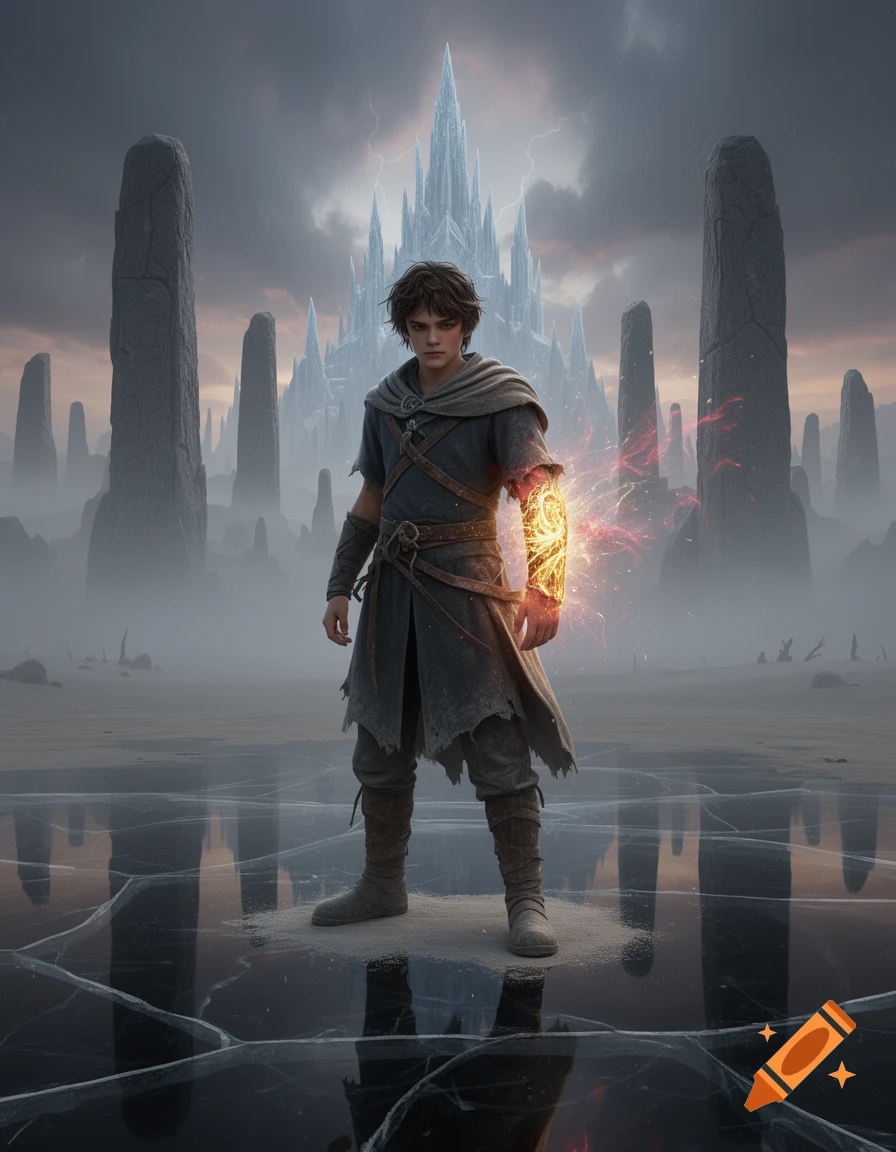 A young male warrior with a glowing forearm stands on cracked ice, a dark ice castle and monoliths in the stormy background. Dark fantasy style.