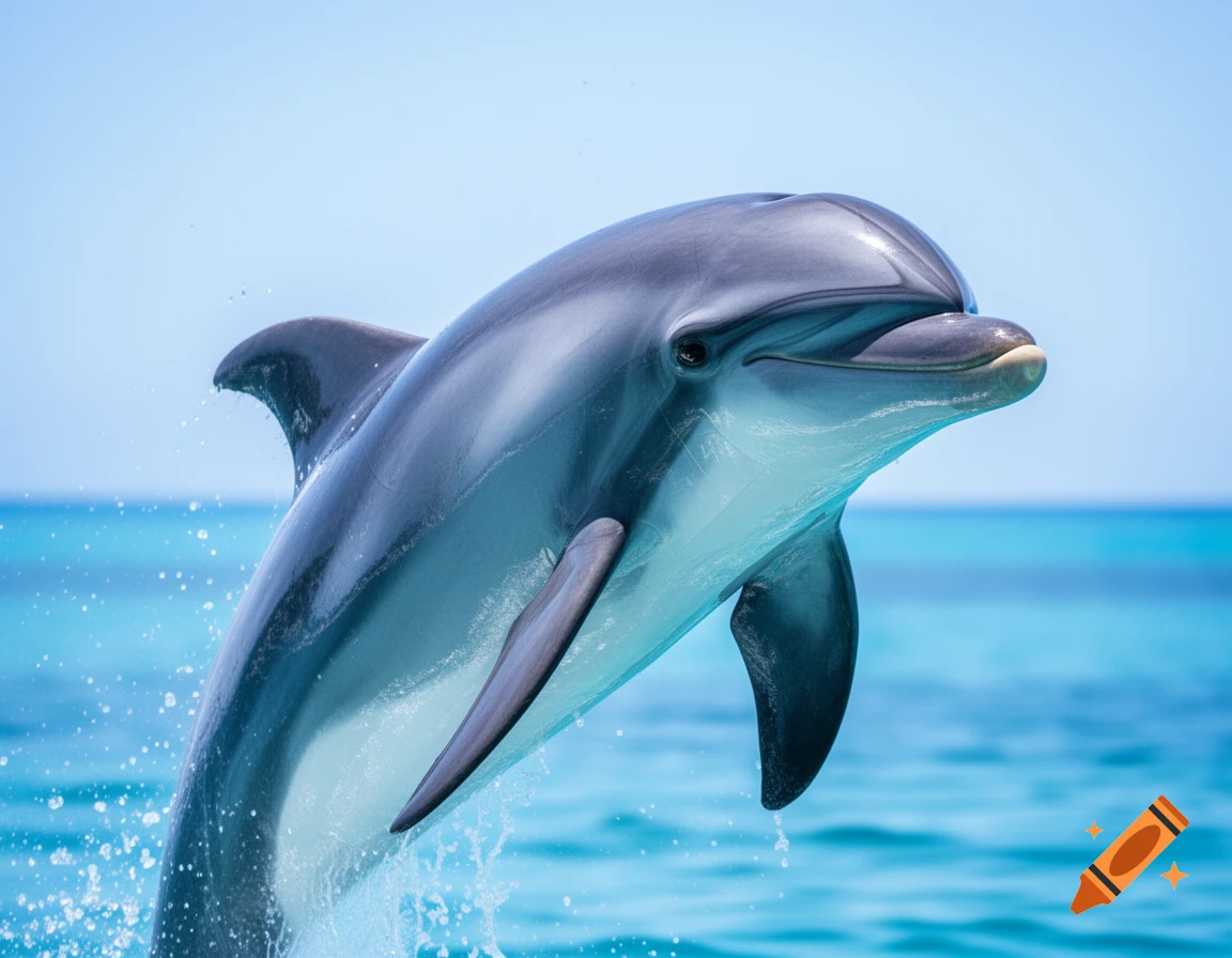 A photorealistic image of a grey and white dolphin leaping gracefully out of vibrant blue ocean water against a clear sky.