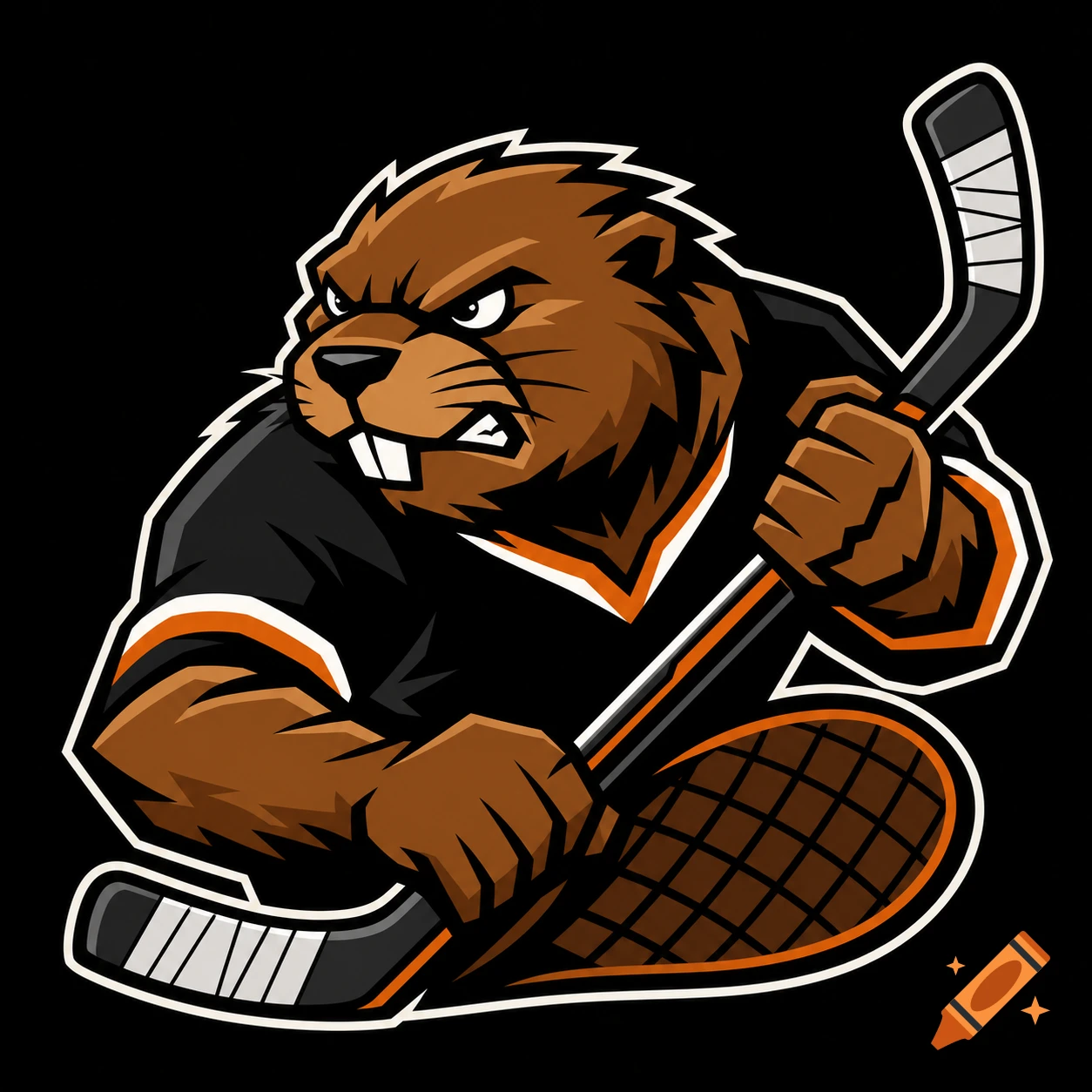 Fierce vector logo of a brown beaver mascot holding a hockey stick, with black and orange details, on a solid black background.