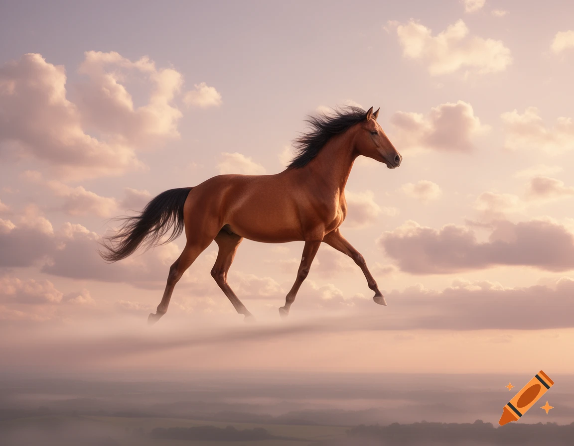A photorealistic brown horse trots through a pastel cloudy sky, above a misty landscape at sunset.