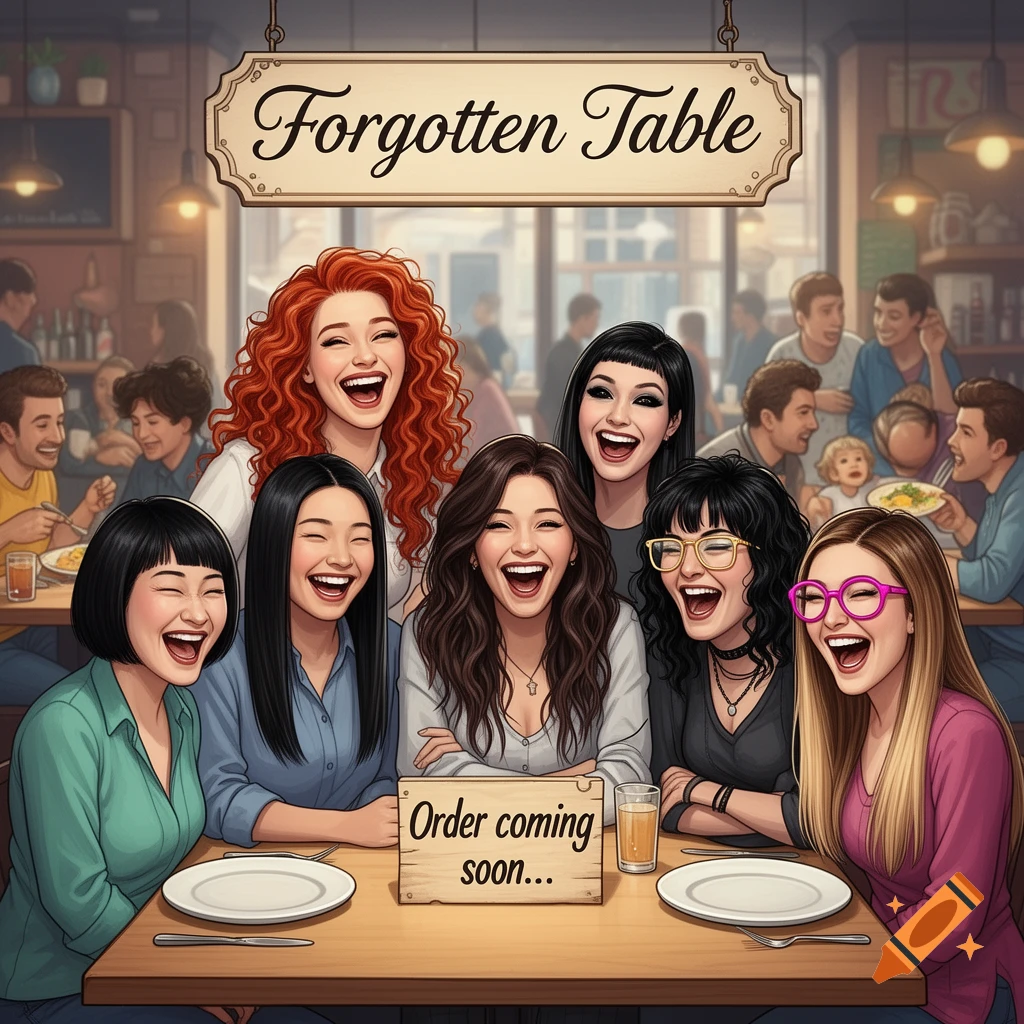 Digital illustration of six diverse women friends laughing heartily at a restaurant table under a "Forgotten Table" sign, with an "Order coming soon..." sign on the table.