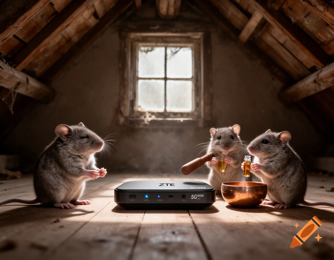 Three photorealistic mice with a ZTE 5G router in a dusty attic; one meditating, two holding tiny vials and a bowl.